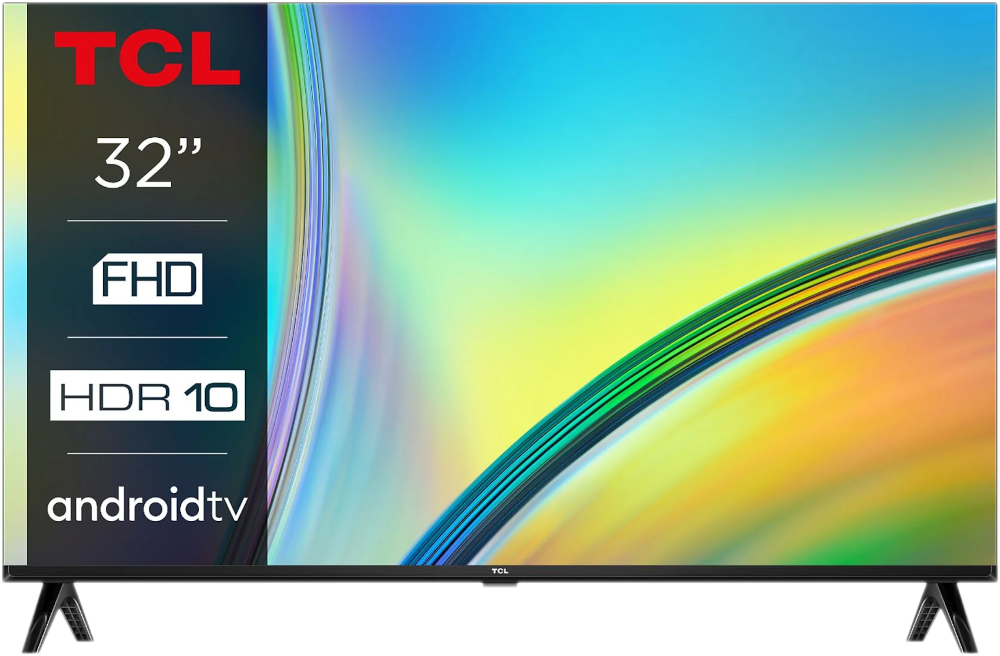Een zwarte televisie met een kleurrijke abstracte achtergrond en het TCL-logo.