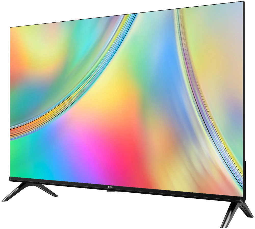 Een tv-scherm toont een kleurrijk, abstract beeld met een zwart frame. De tv staat op zwarte poten.