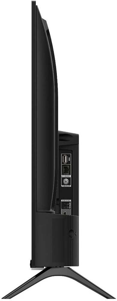 Zijaanzicht van een zwarte tv met poorten en een standaard. De tv heeft een dun frame.