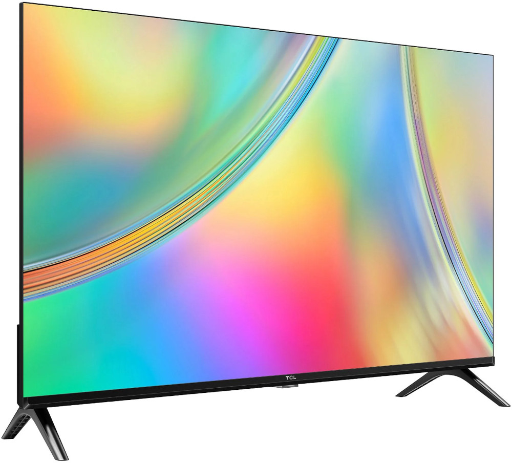 TCL TV met een kleurrijke, abstracte afbeelding op het scherm. Zwart frame en poten.