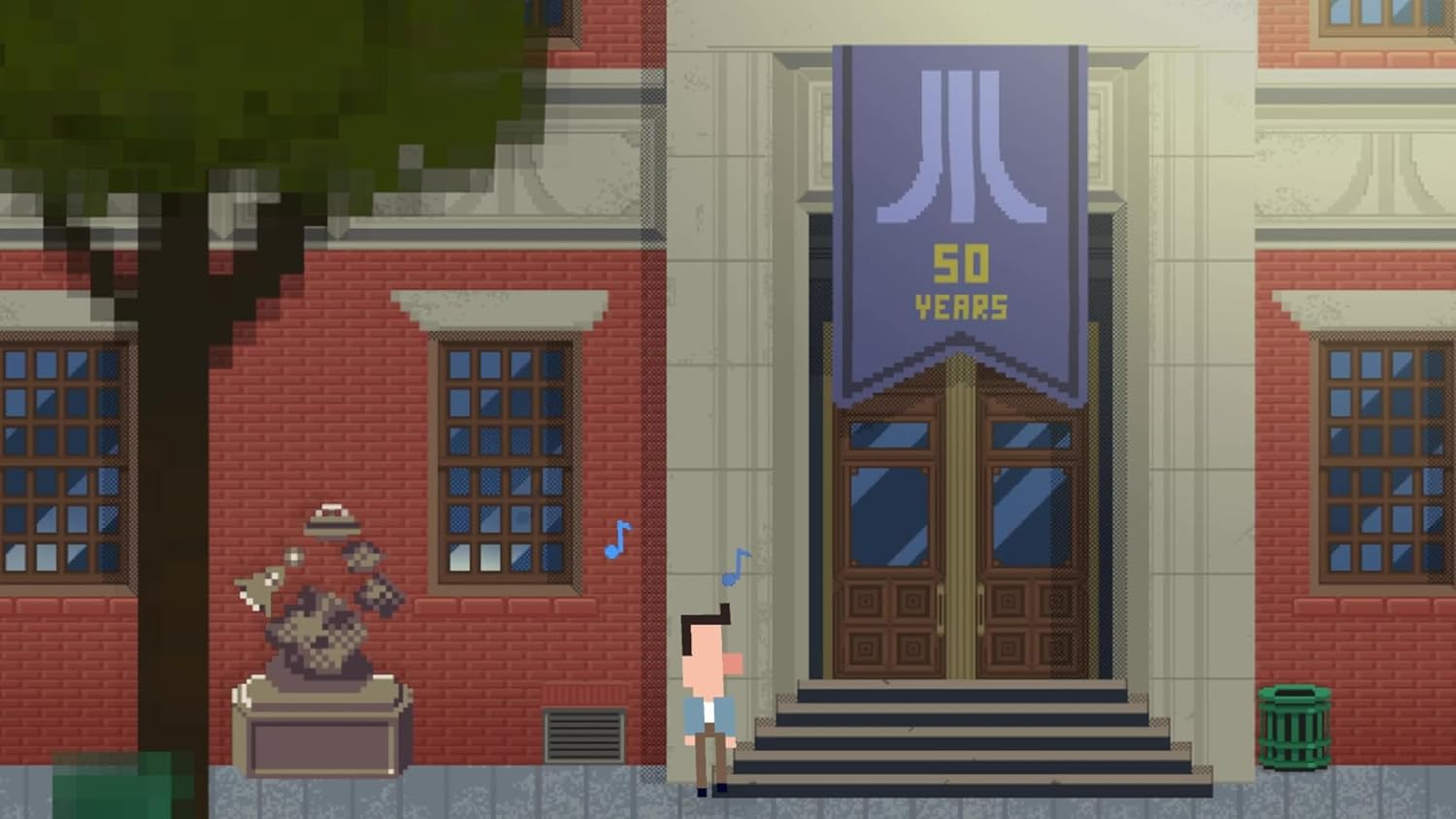 Escena pixelada de un edificio con una pancarta que dice "50 AÑOS" y una persona cerca.