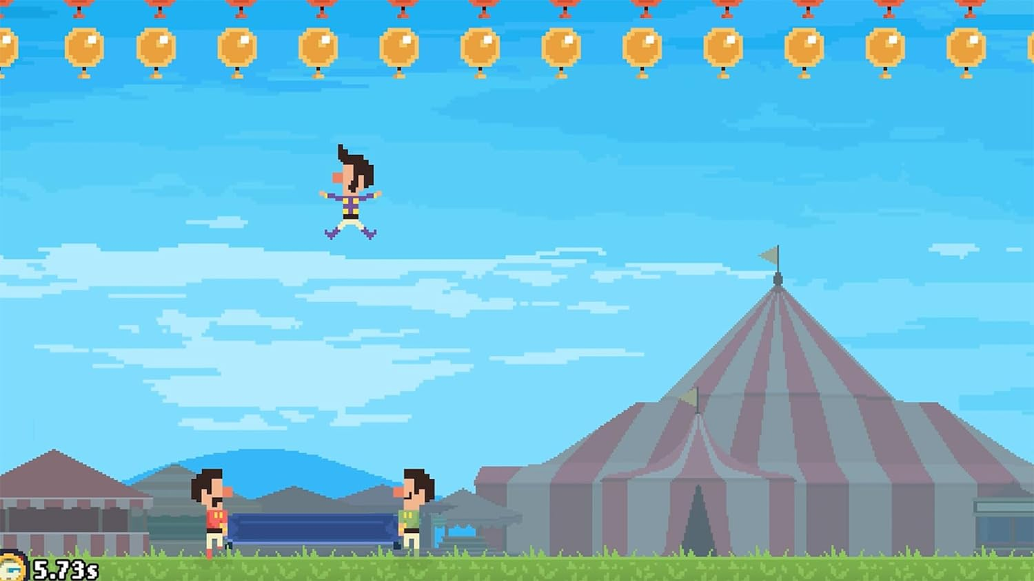 Escena de juego pixelada con una persona saltando en el cielo, carpa de circo y gente en el fondo.