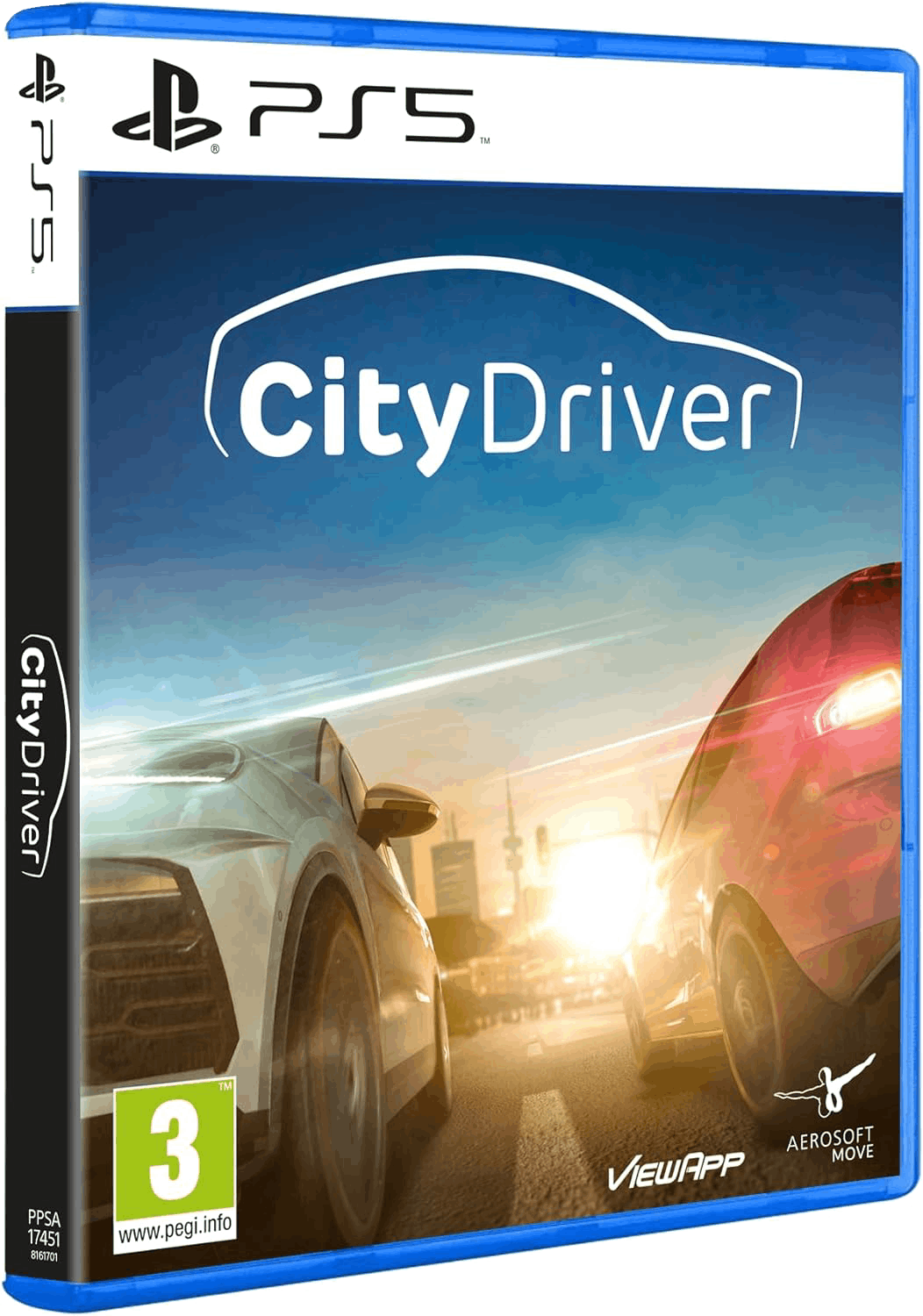 Caja de juego de PS5 con dos coches compitiendo.