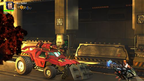 Una escena de juego de acción con un vehículo rojo disparando y un personaje en una motocicleta disparando.