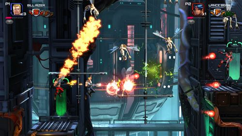 Captura de pantalla de una escena de videojuego retro con personajes y explosiones.
