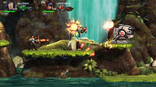 Escena de videojuego. Dos hombres disparan a enemigos cerca de una cascada y terreno rocoso.