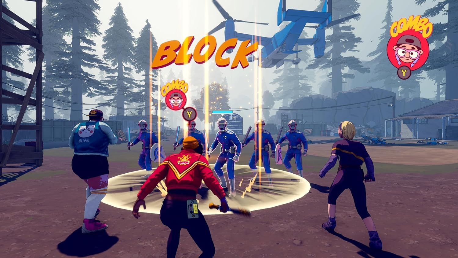 Una escena de videojuego con personajes luchando, un helicóptero y la palabra 'BLOCK'.