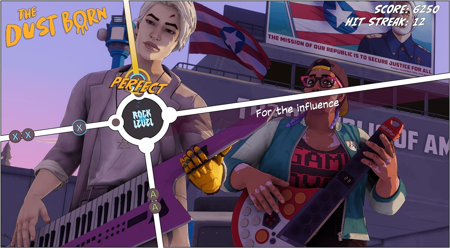 Dos personas jugando un videojuego de guitarra con un telón de fondo urbano y elementos de la interfaz del juego.