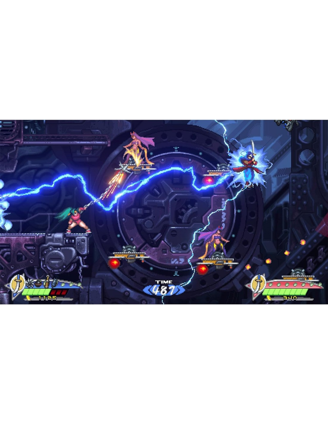 Una pantalla de videojuego de desplazamiento lateral con múltiples personajes luchando y efectos de acción.