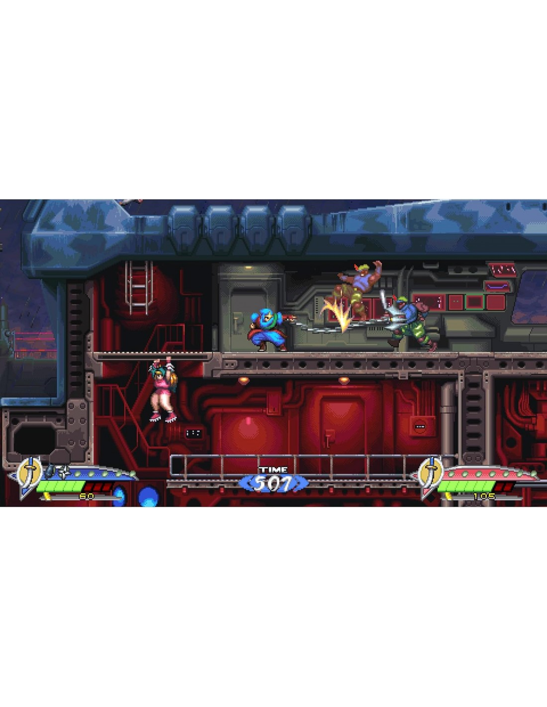 Una captura de pantalla de un videojuego con personajes pixelados luchando en un entorno futurista.