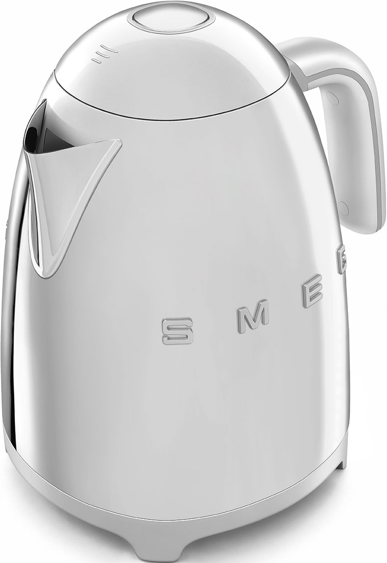 Ein glänzender weißer Wasserkocher mit geschwungenem Design, Griff und dem Wort SMEG darauf.