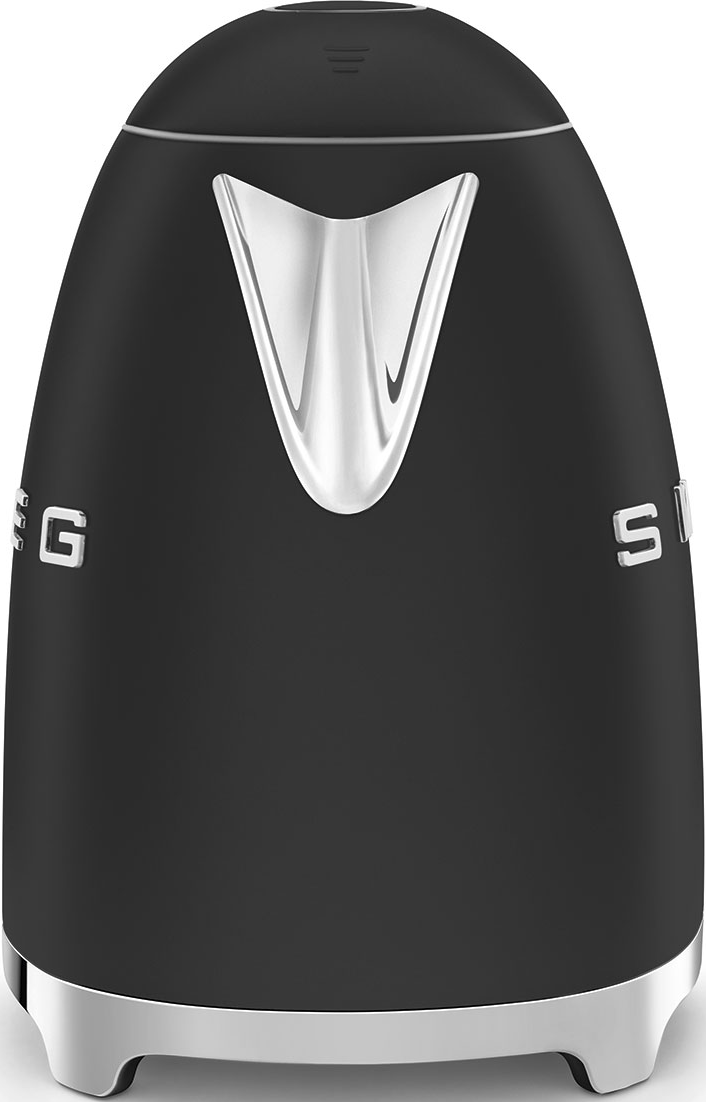 Bollitore elettrico Smeg nero, mostra la parte anteriore con dettagli argentati.