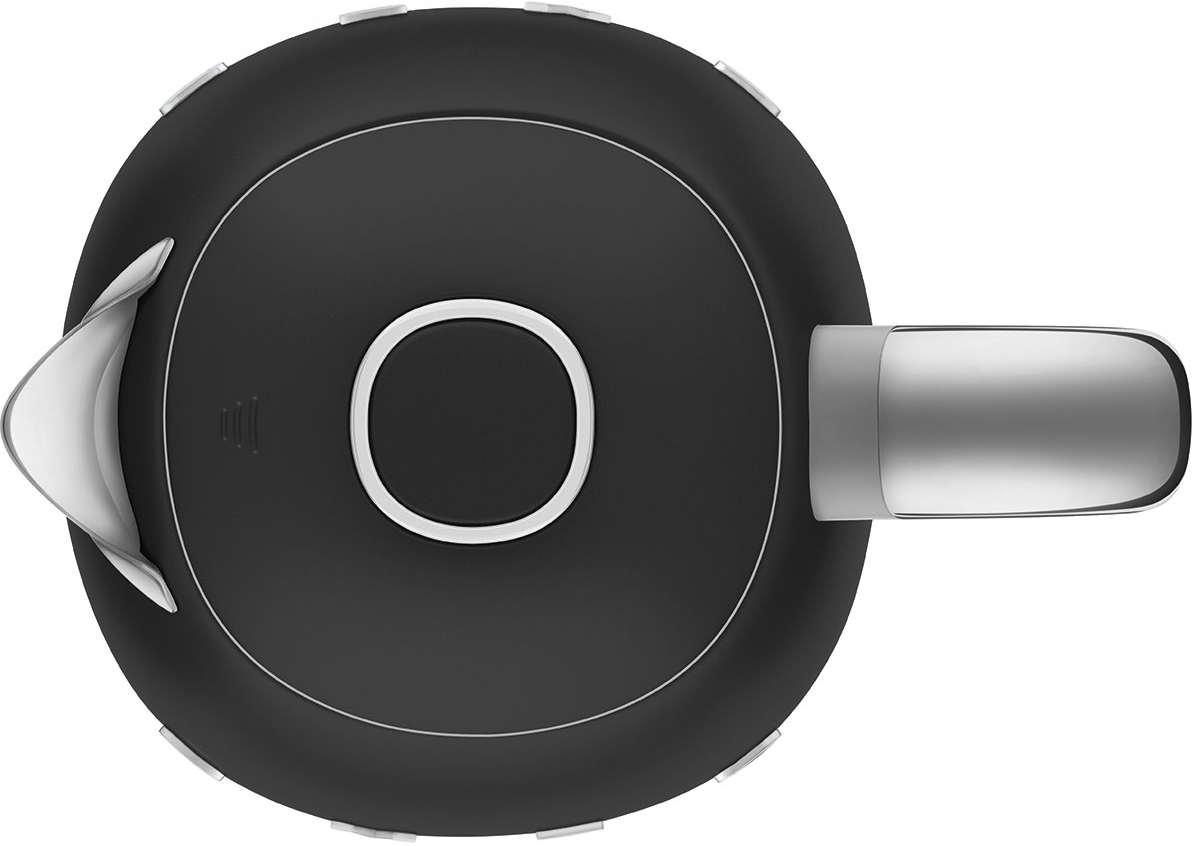 Vista dall'alto di un bollitore Smeg nero con manico argentato e design circolare bianco.