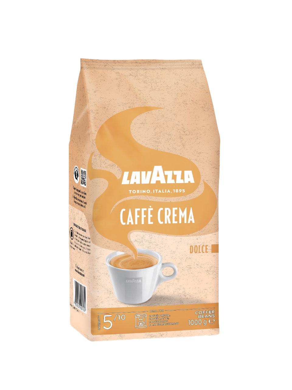 Beutel mit Lavazza Caffe Crema Dolce Kaffeebohnen mit einem Kaffeetassenbild.