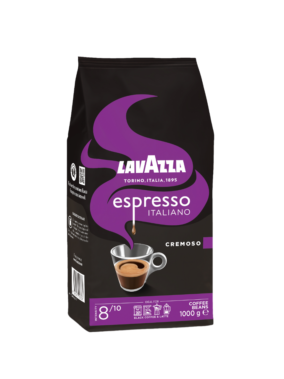 Lavazza Espresso Kaffeepackung. Schwarze Tüte, lila Akzente, mit einer Kaffeetassengrafik.