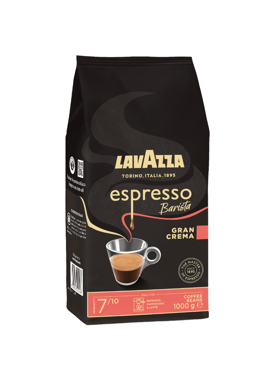 Beutel Lavazza Espresso Barista Kaffeebohnen. Roter und weißer Text, schwarzer Hintergrund.