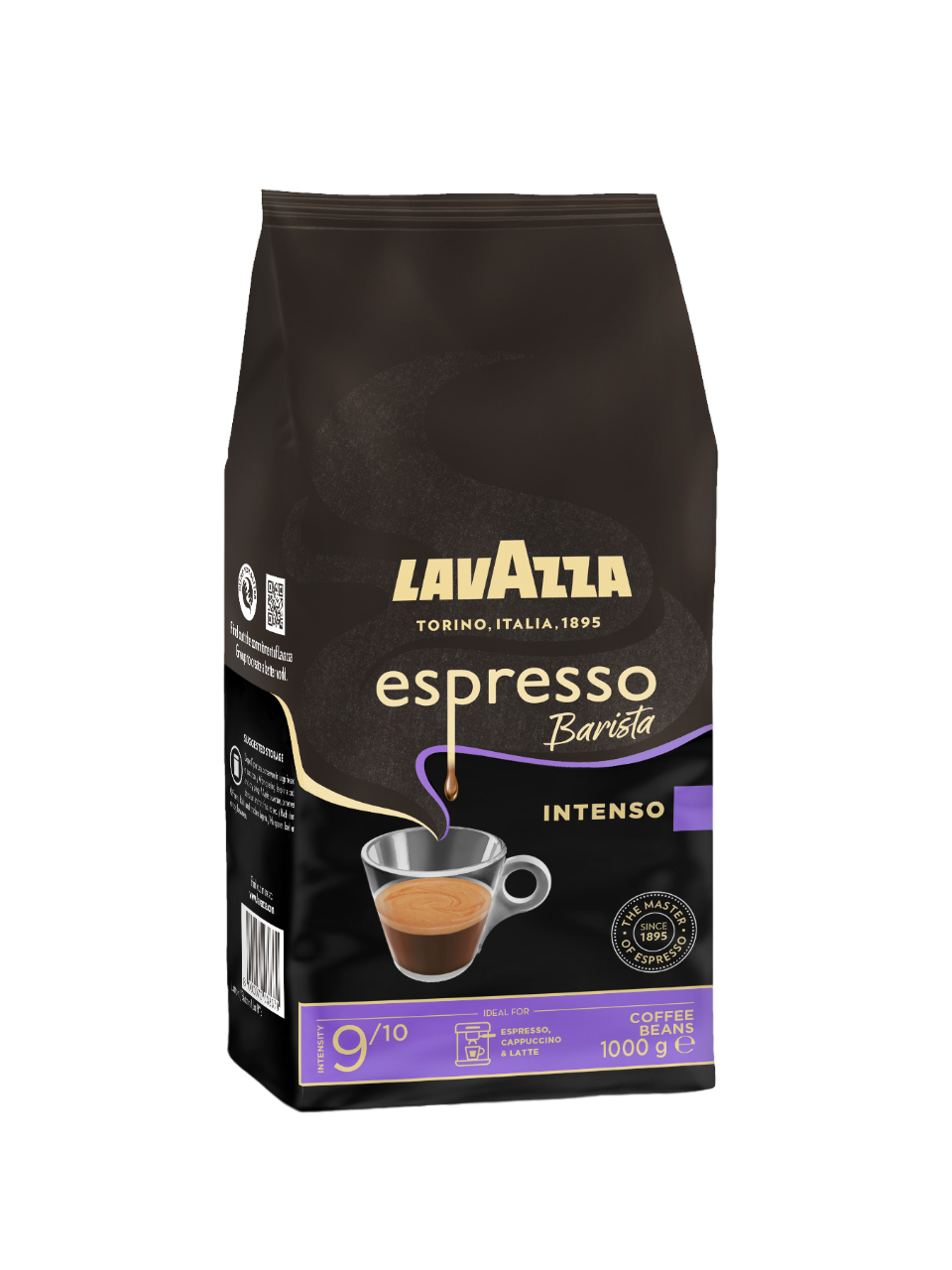 Kaffeepackung mit Lavazza Espresso Barista, eine Tasse mit Kaffee und ein einschenkender Kaffee.