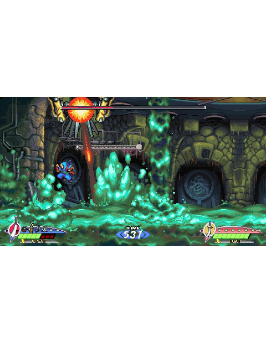 Escena de videojuego. Personaje azul dispara rayo rojo. Limo verde y estructuras de fondo.