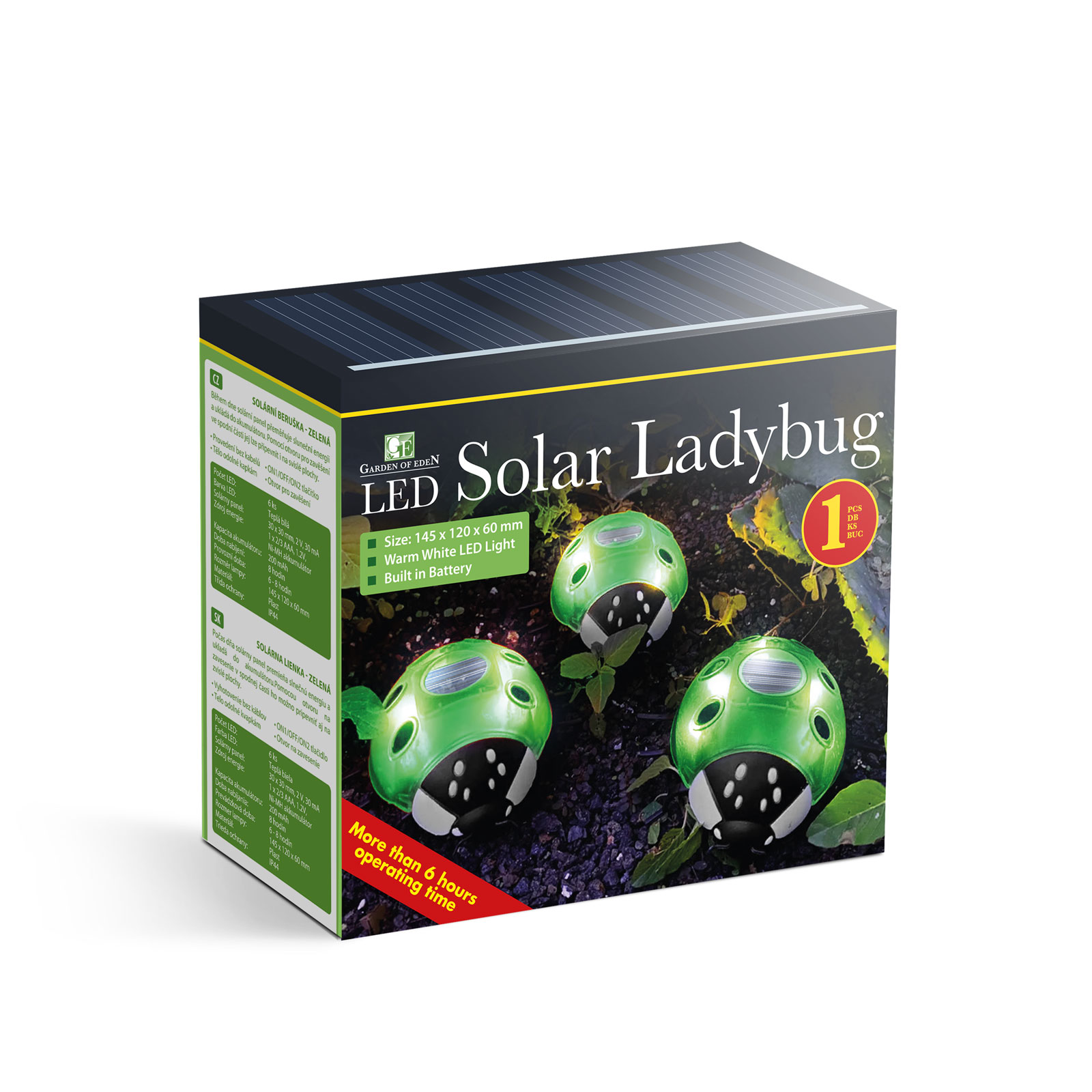 Egy 'Solar Ladybug' feliratú doboz három zöld, napenergiával működő katica.