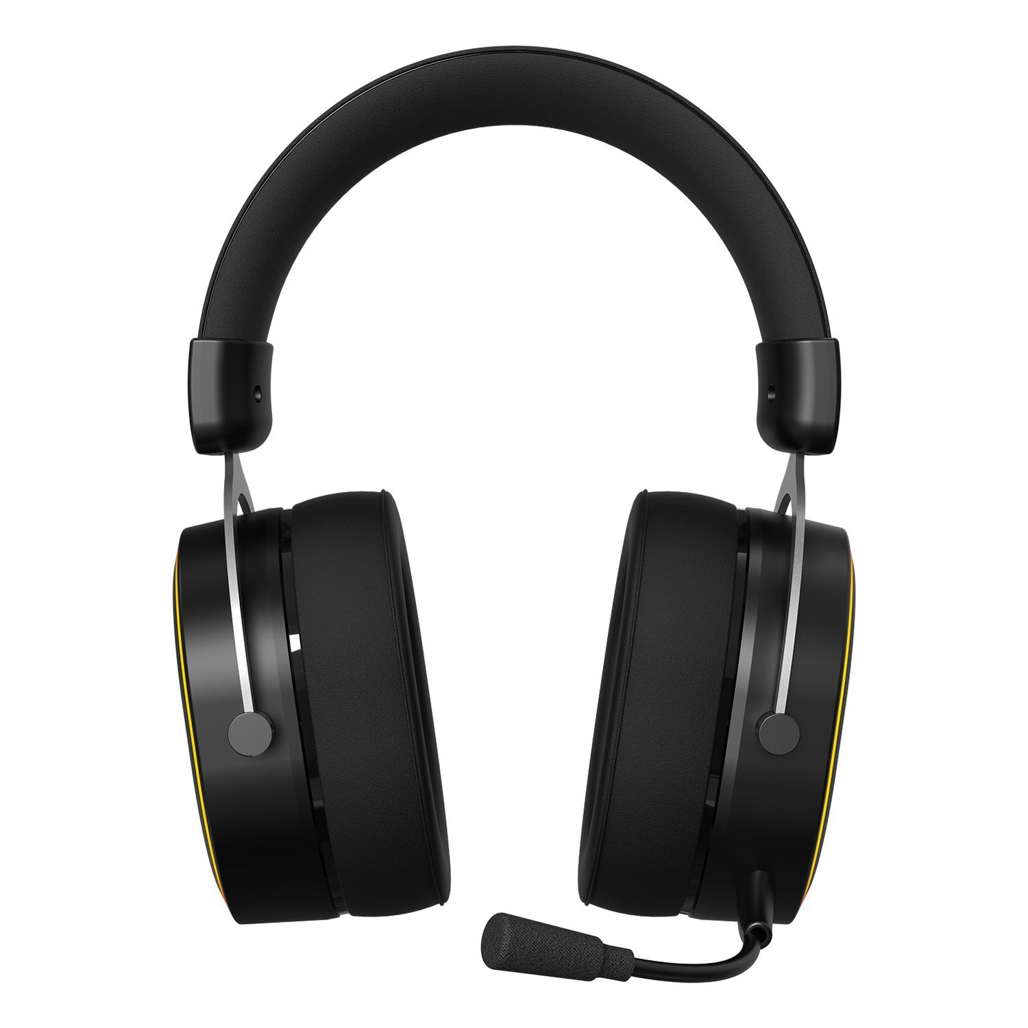 Black and yellow gaming headset with a microphone, on a white background.