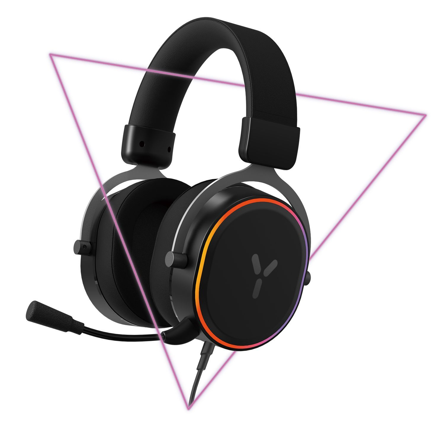 Black gaming headset with orange accents, and a microphone, set against a white background.