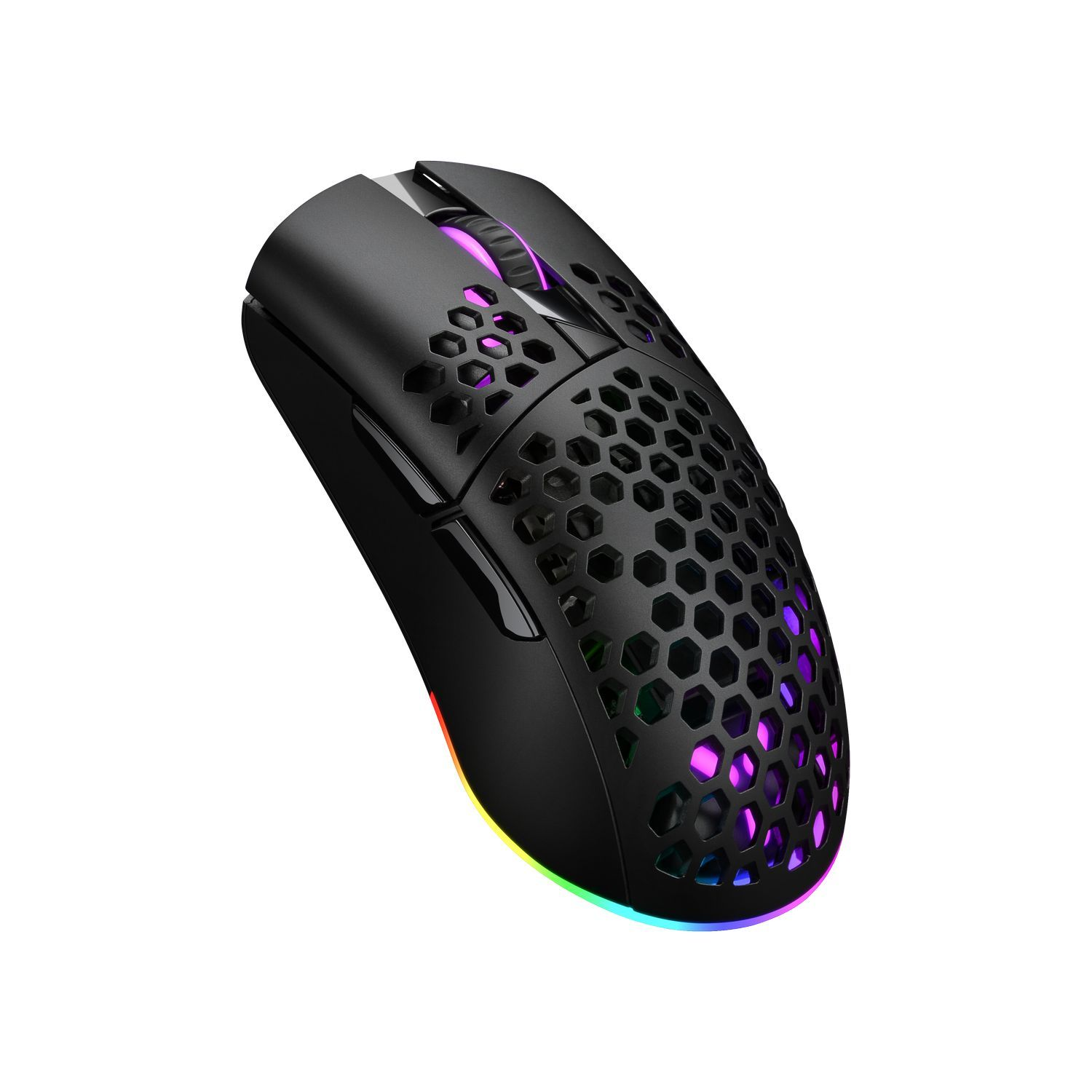 A black gaming mouse with a honeycomb design and colorful LED lights on a white background.