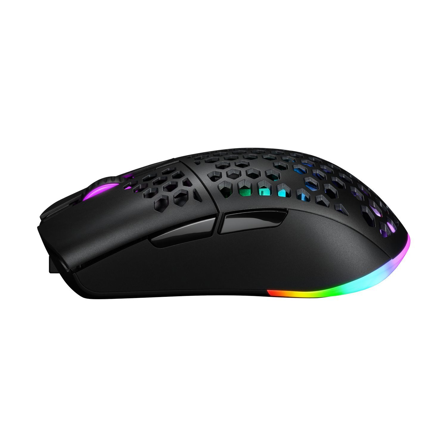 Black gaming mouse with a honeycomb design and colorful lights.