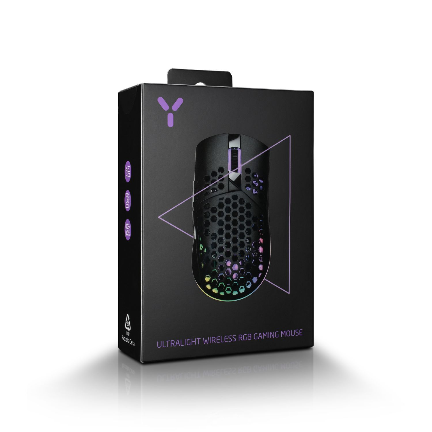 Black gaming mouse in a box, with a honeycomb design and RGB lighting.