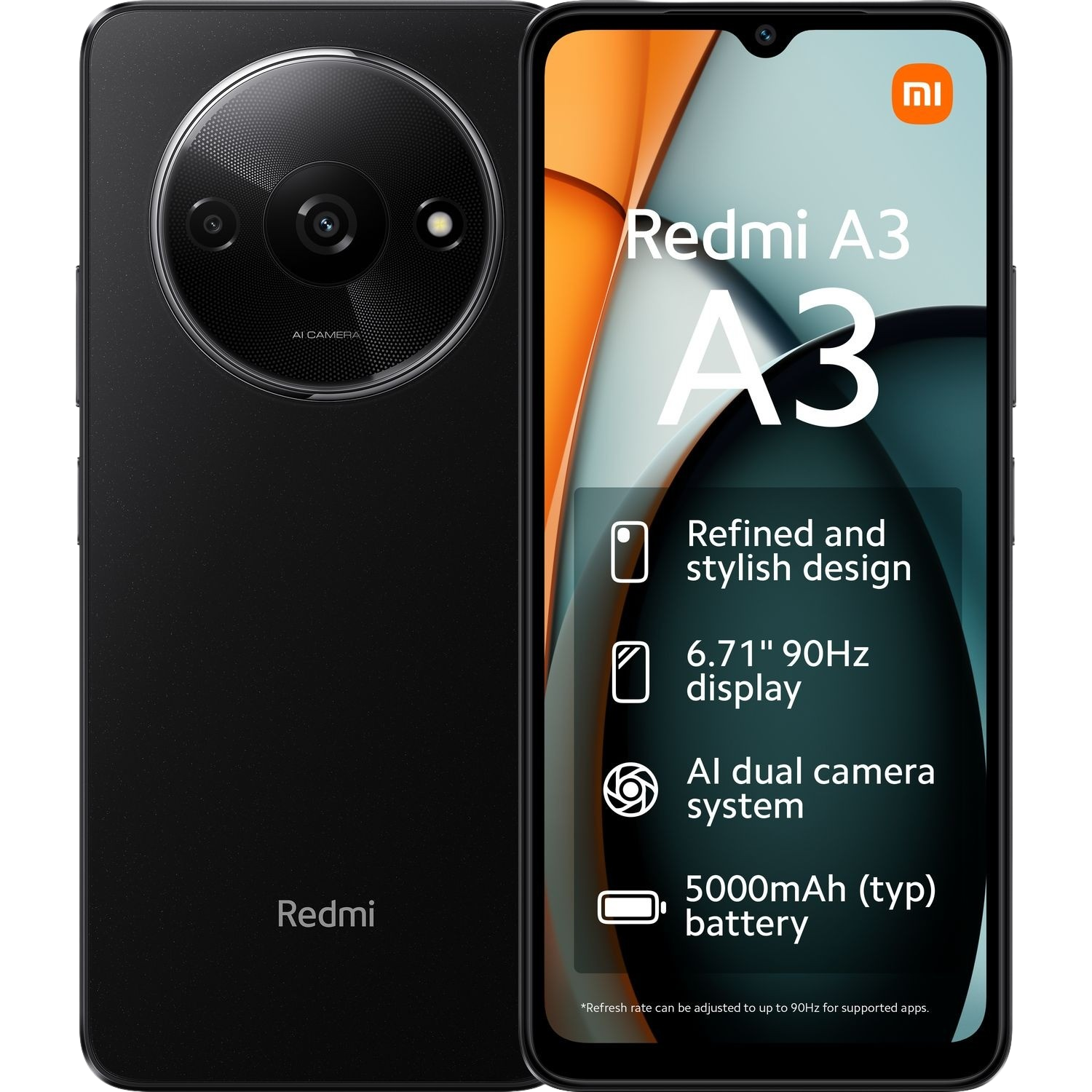 Redmi A3 telefoon, zwarte behuizing, display rechts, met functies en camera.