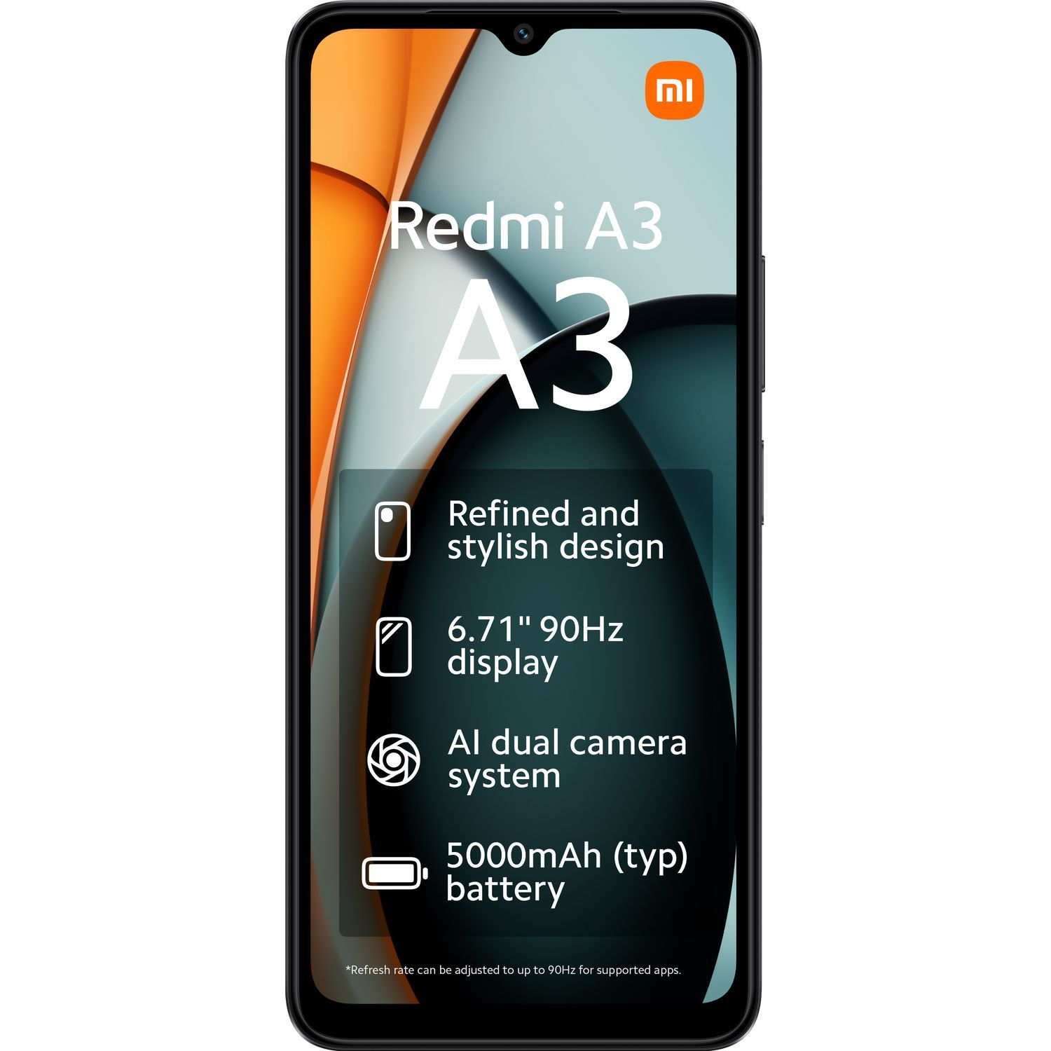 Een zwarte Redmi A3 smartphone, met zijn functies op een levendige achtergrond met tekst.