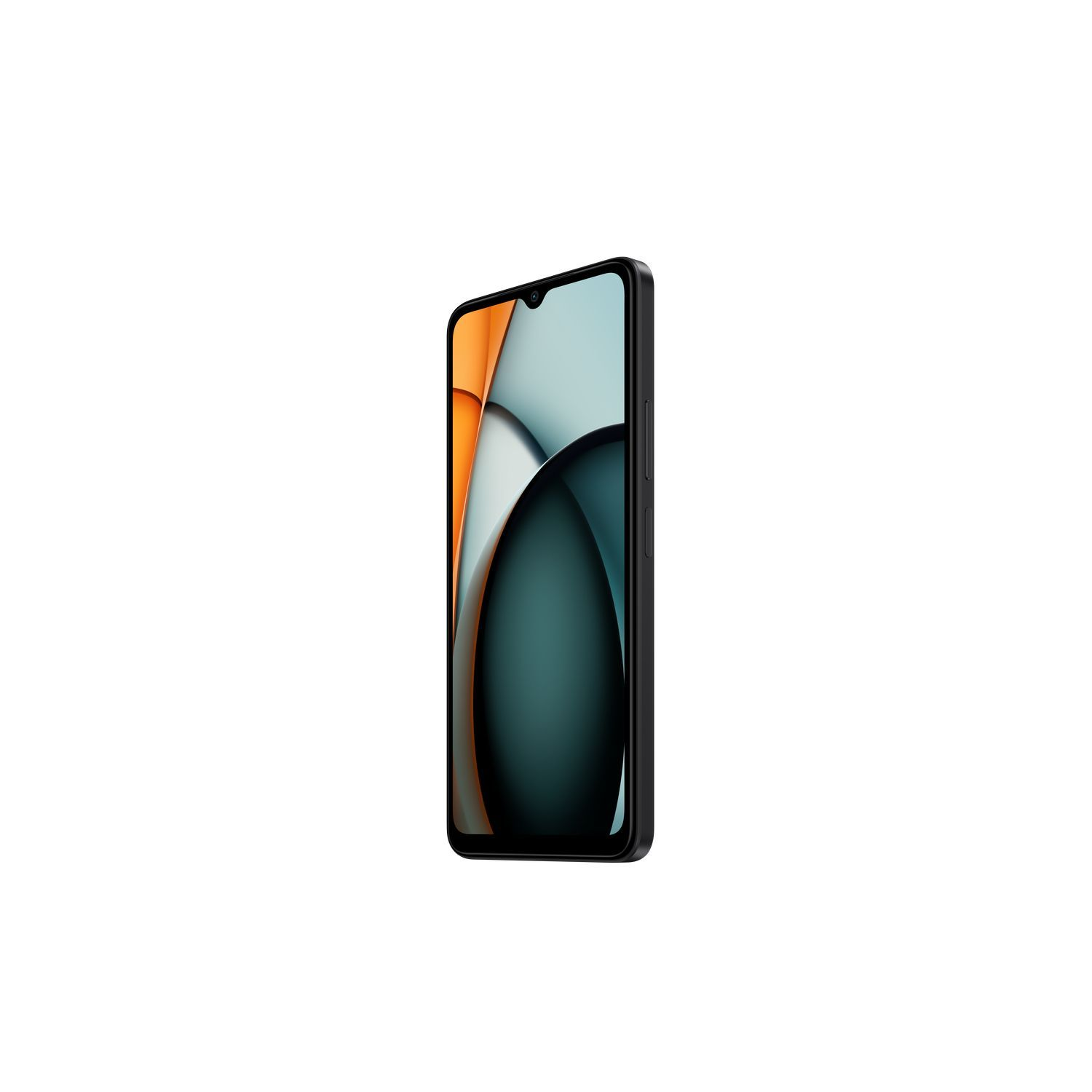 Een zwarte smartphone met een oranje en blauwgroen scherm, verticaal weergegeven.