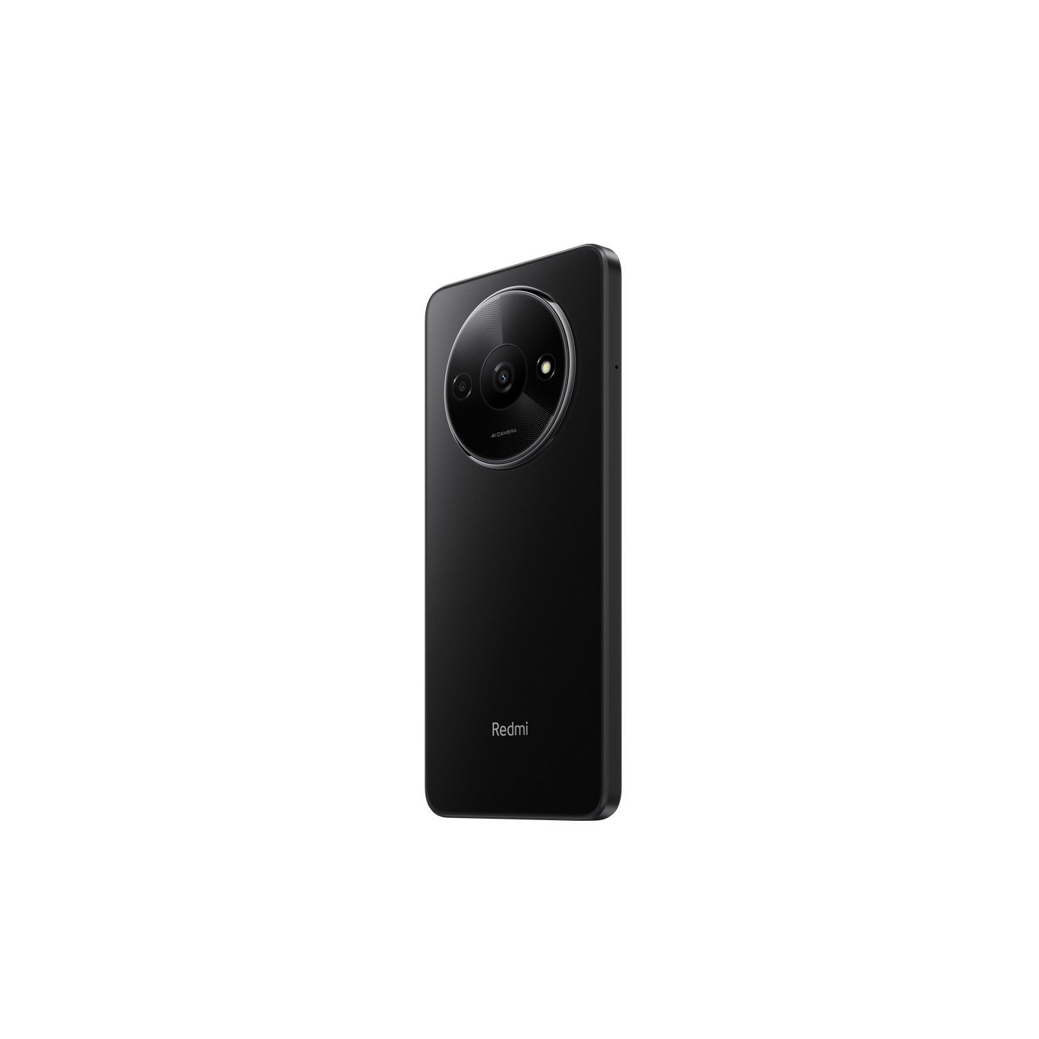 Een zwarte telefoon met een grote cameramodule, tegen een witte achtergrond.