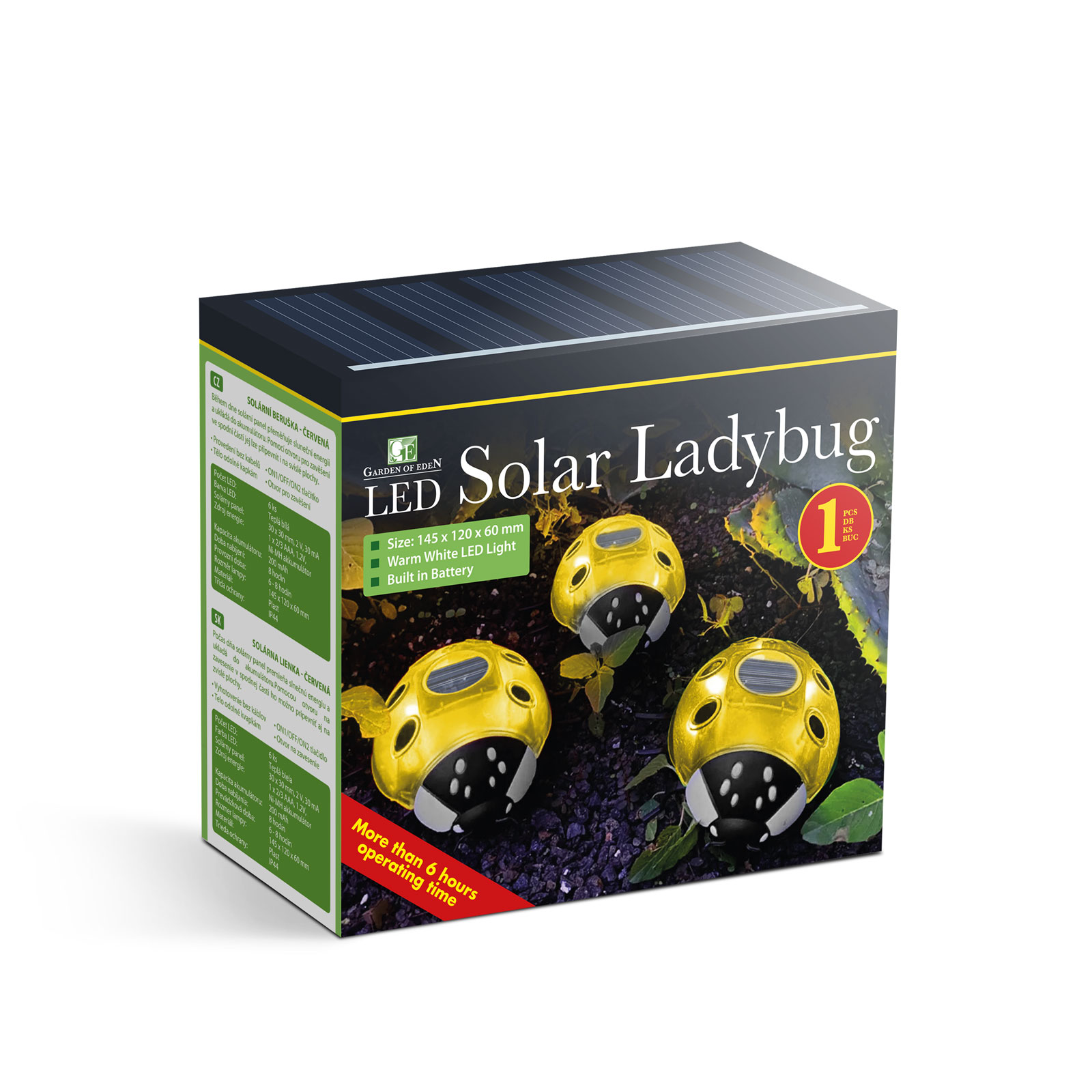 Solar katicabogár doboz, három katicabogár lámpával és szöveggel.