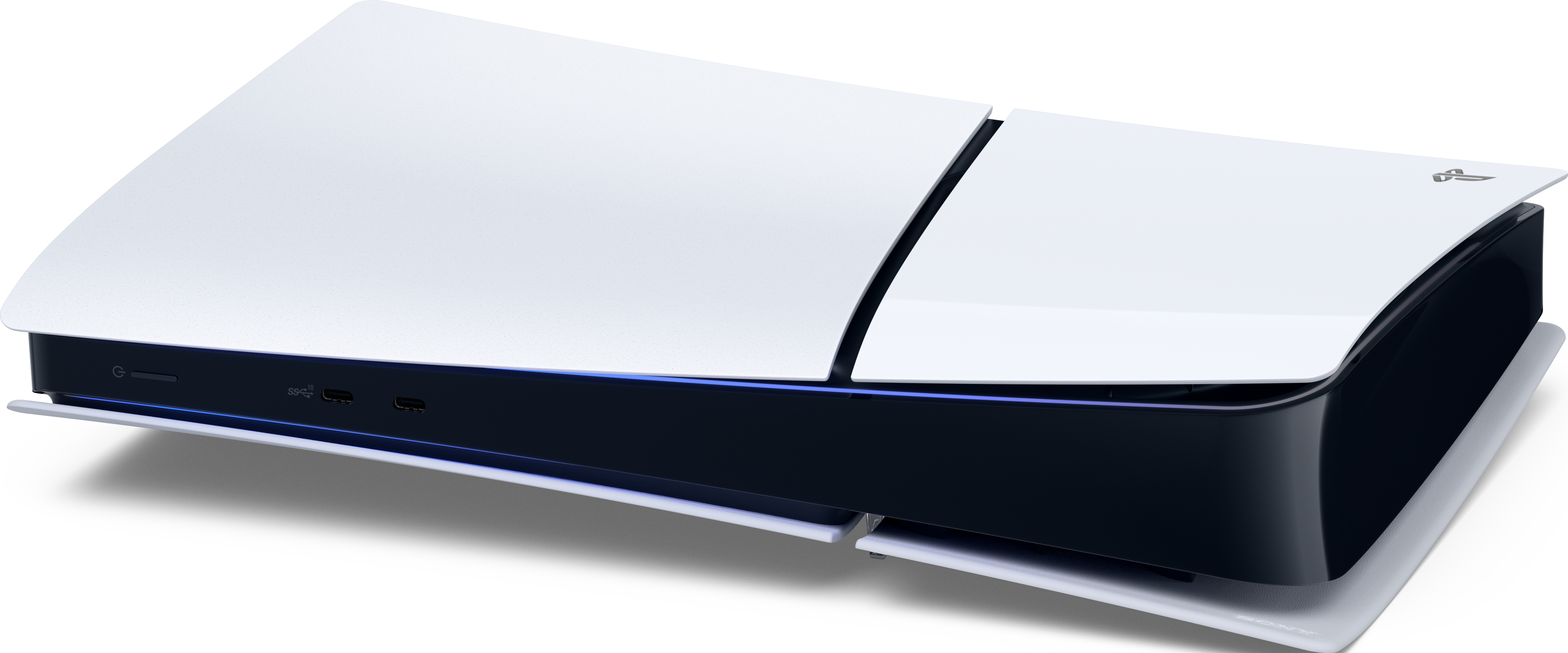 Eine weiße und schwarze PlayStation 5-Konsole wird vor schwarzem Hintergrund gezeigt. Die Konsole ist abgewinkelt.