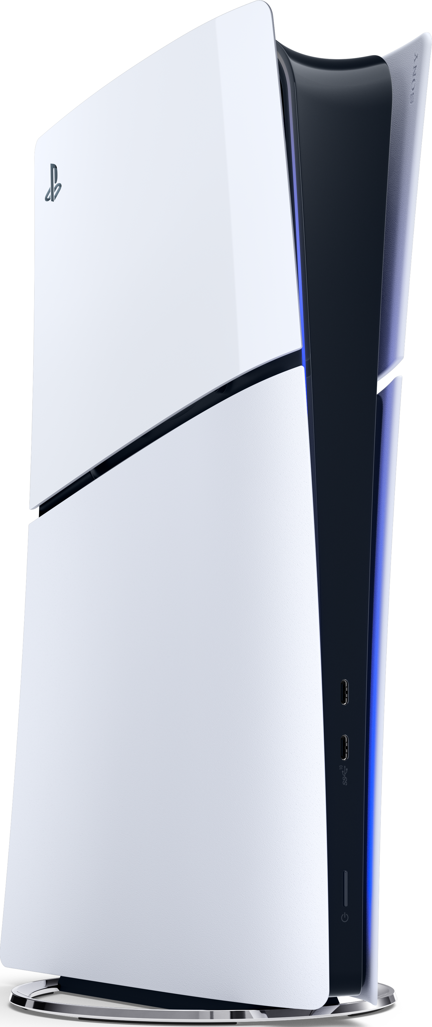 Eine weiß-schwarze Playstation 5-Konsole steht aufrecht. Sie hat ein schlankes Design.