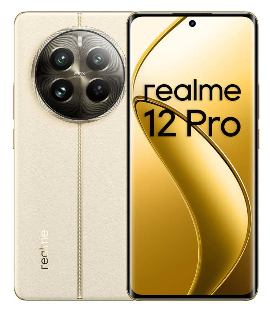 Telefon Realme 12 Pro, kremowy tył, złoty przód z tekstem 'realme 12 Pro'. Okrągły moduł kamery.