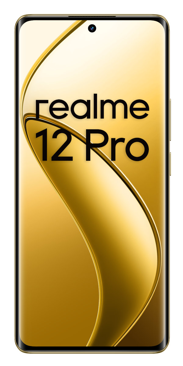 Złoty smartfon z napisem 'realme 12 Pro'. Złote tło z zakrzywionymi liniami.
