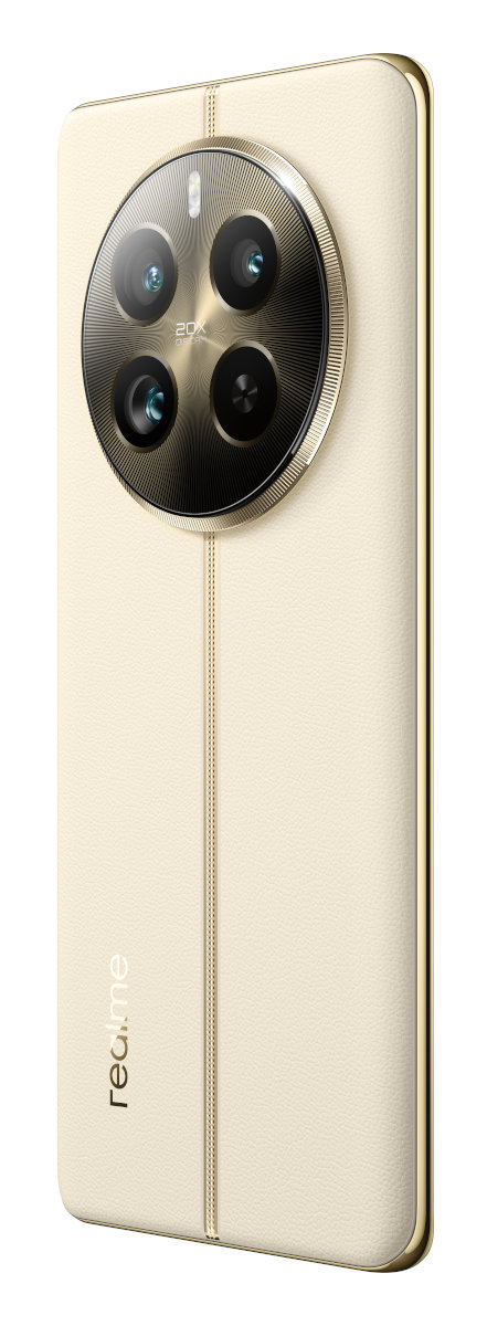 Kremowy smartfon z czterema tylnymi aparatami i złotą obwódką.
