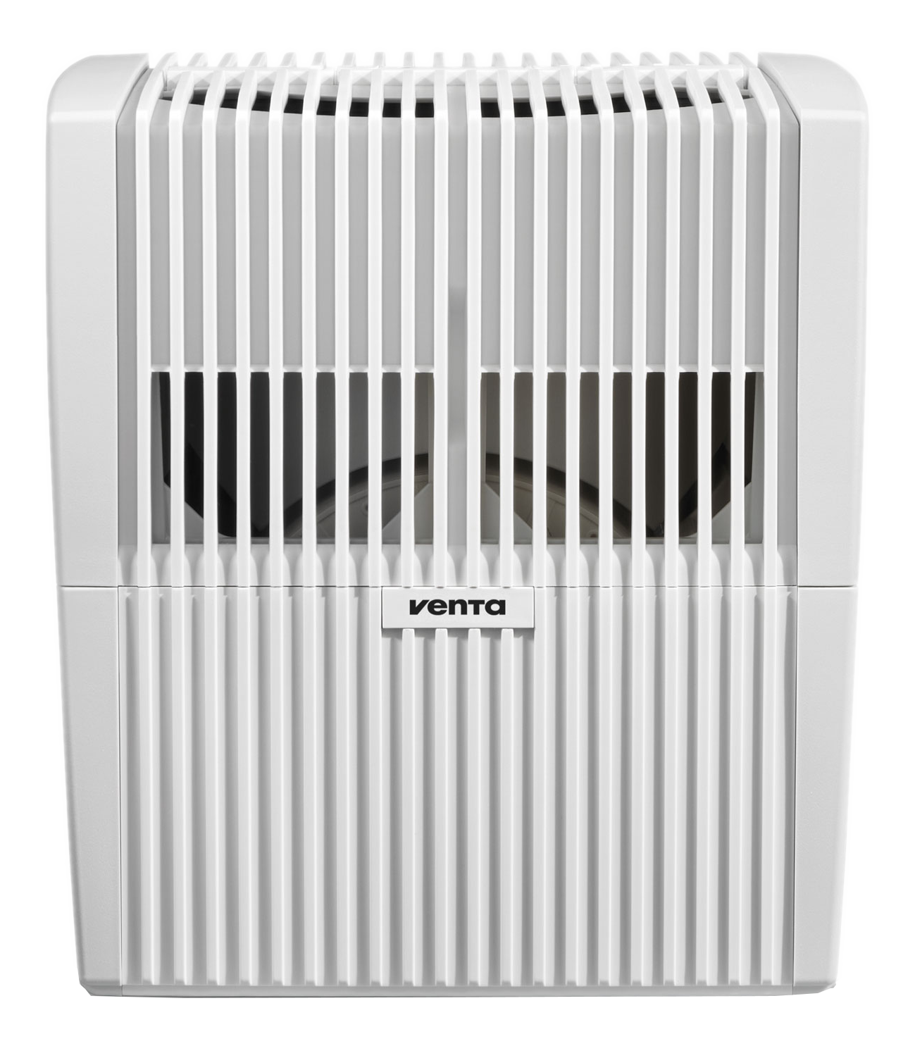 Purificatore/umidificatore d'aria Venta bianco. Lamelle verticali. Sfondo nero.