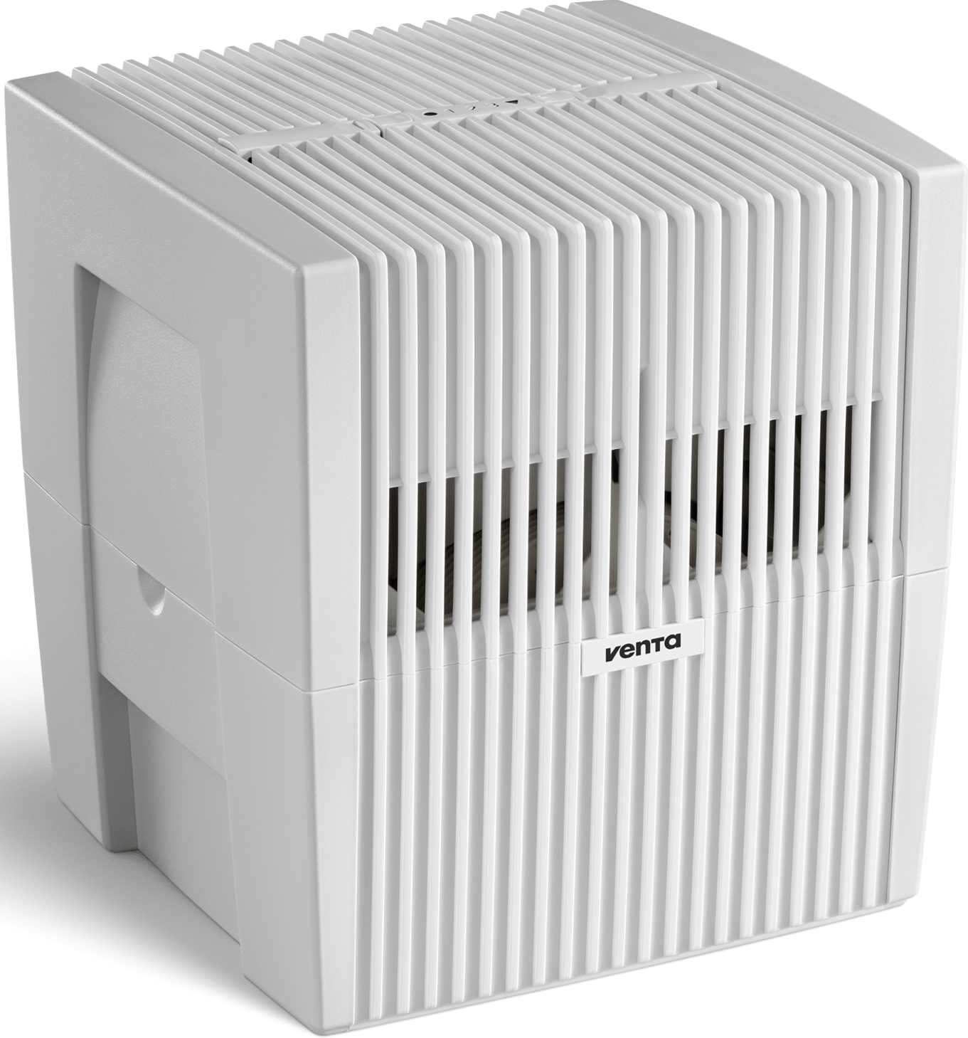 Un umidificatore d'aria bianco con prese d'aria verticali, su sfondo nero.