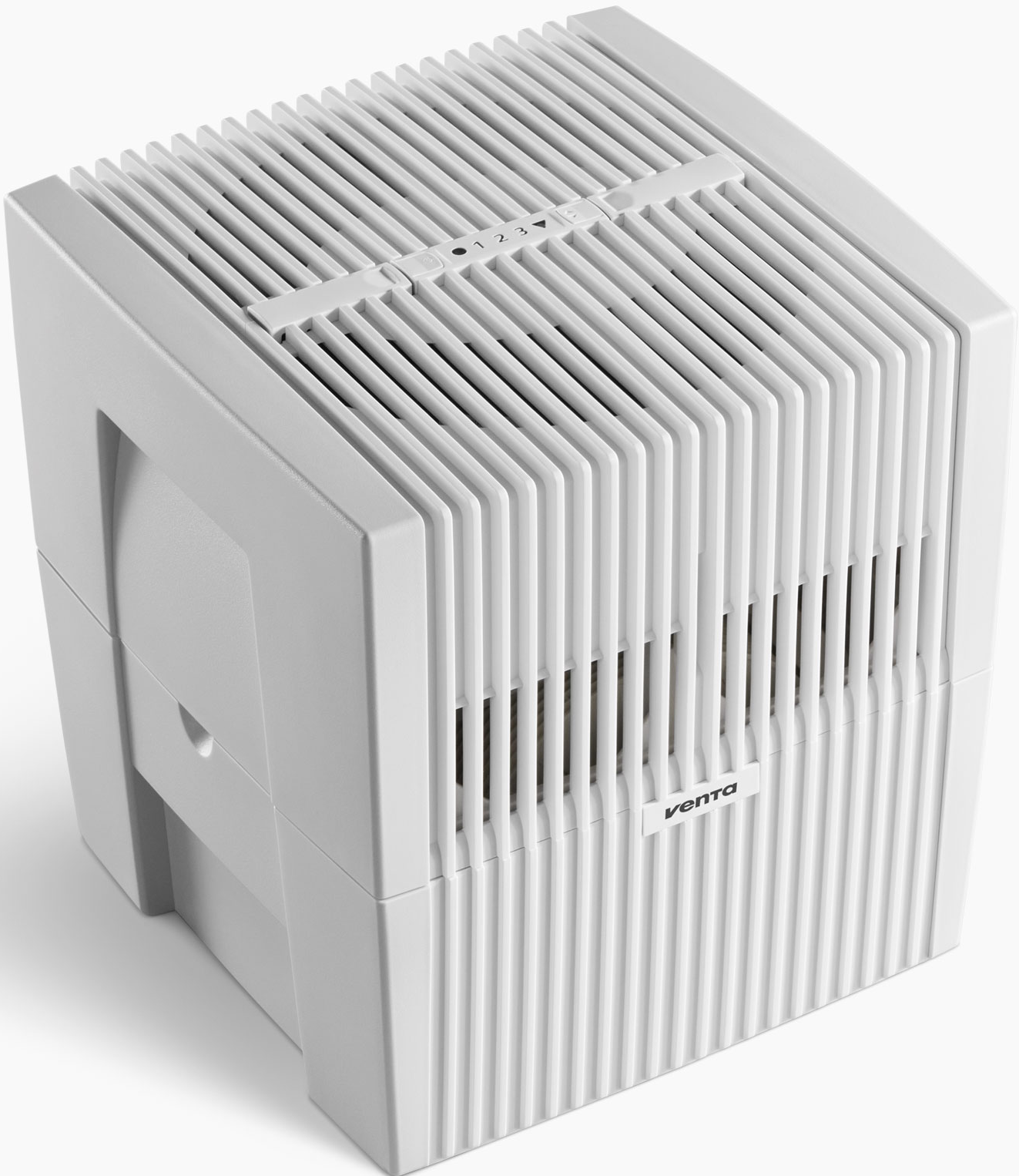 Purificatore d'aria bianco di forma rettangolare. Ha fessure verticali e pannello di controllo superiore.