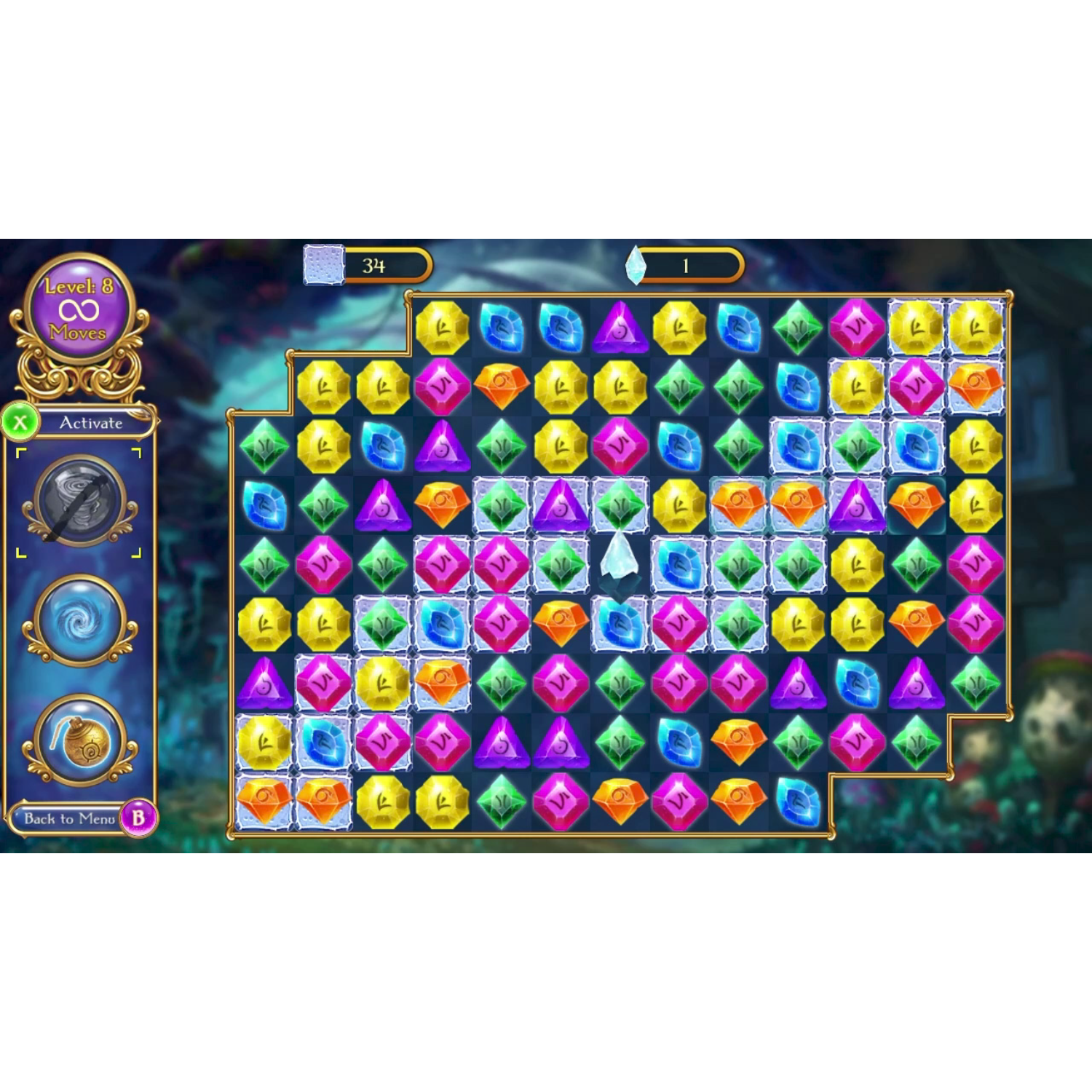 A match-three puzzle game board with various colorful gems on it.