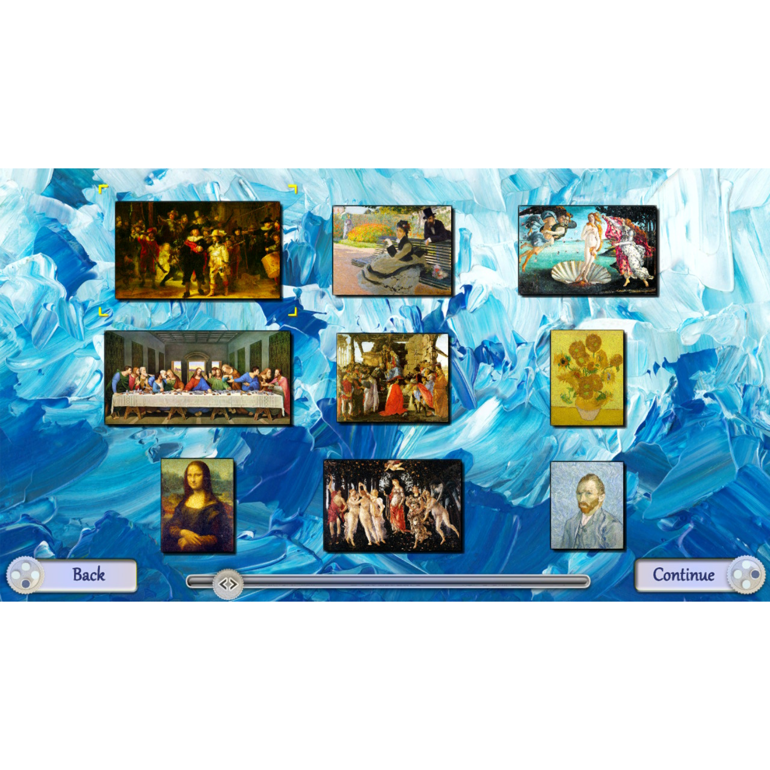 A screen displays famous paintings: Mona Lisa, Van Gogh's sunflowers, and more.