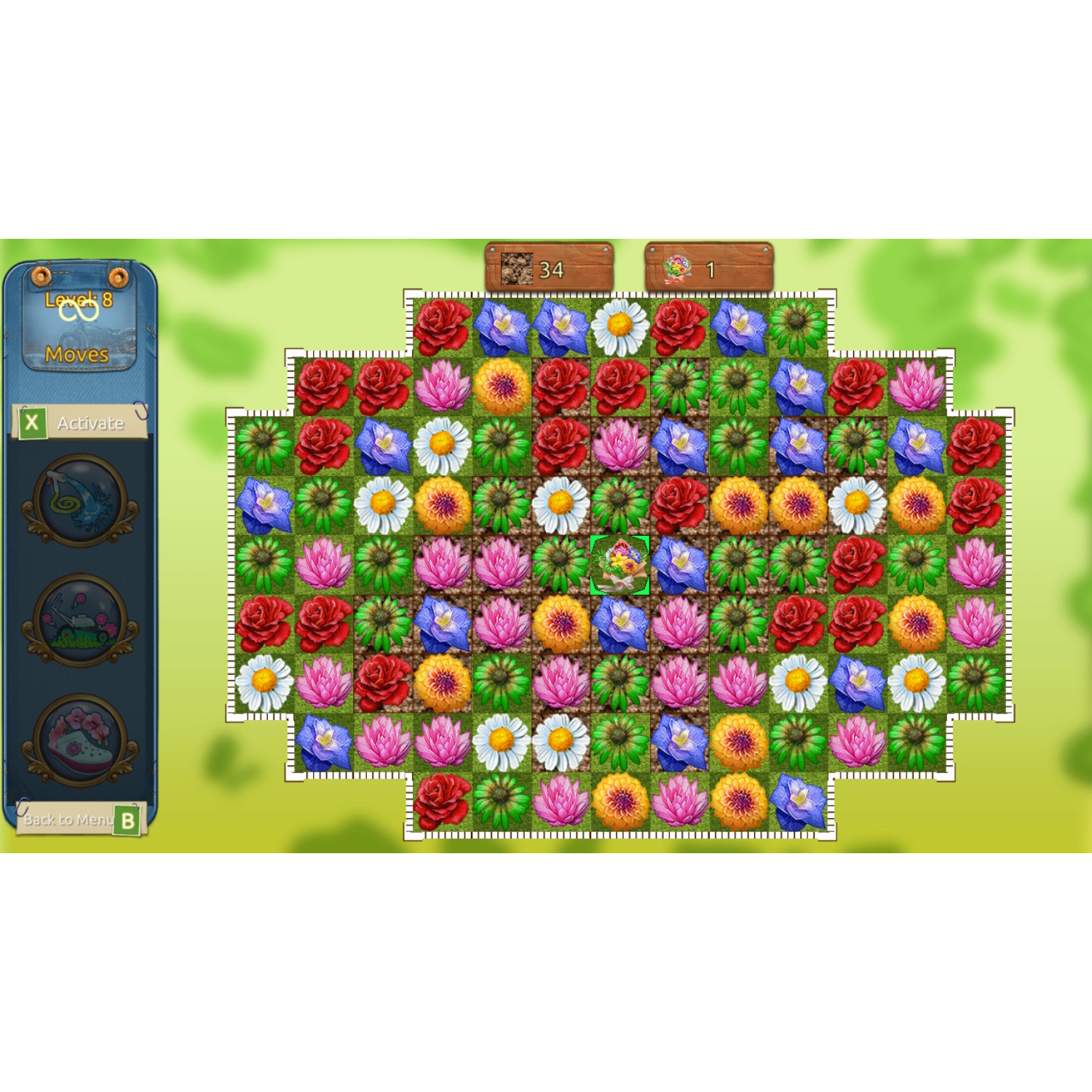 A colorful flower matching game in progress, with a level and move counter.