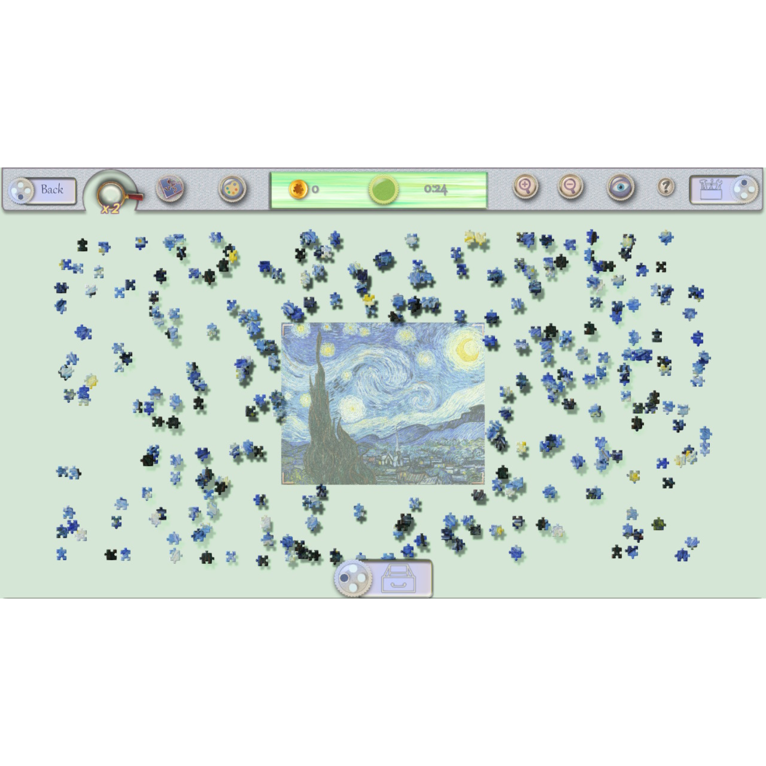 A puzzle game is in progress. The image is Van Gogh's Starry Night.