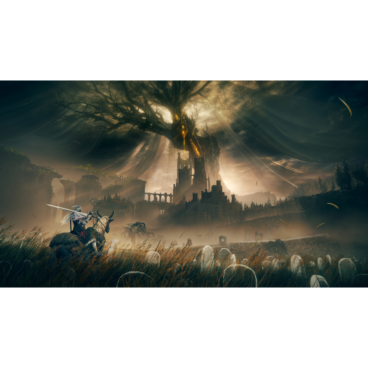 A medieval scene with a knight on a horse, a castle, and a large tree.