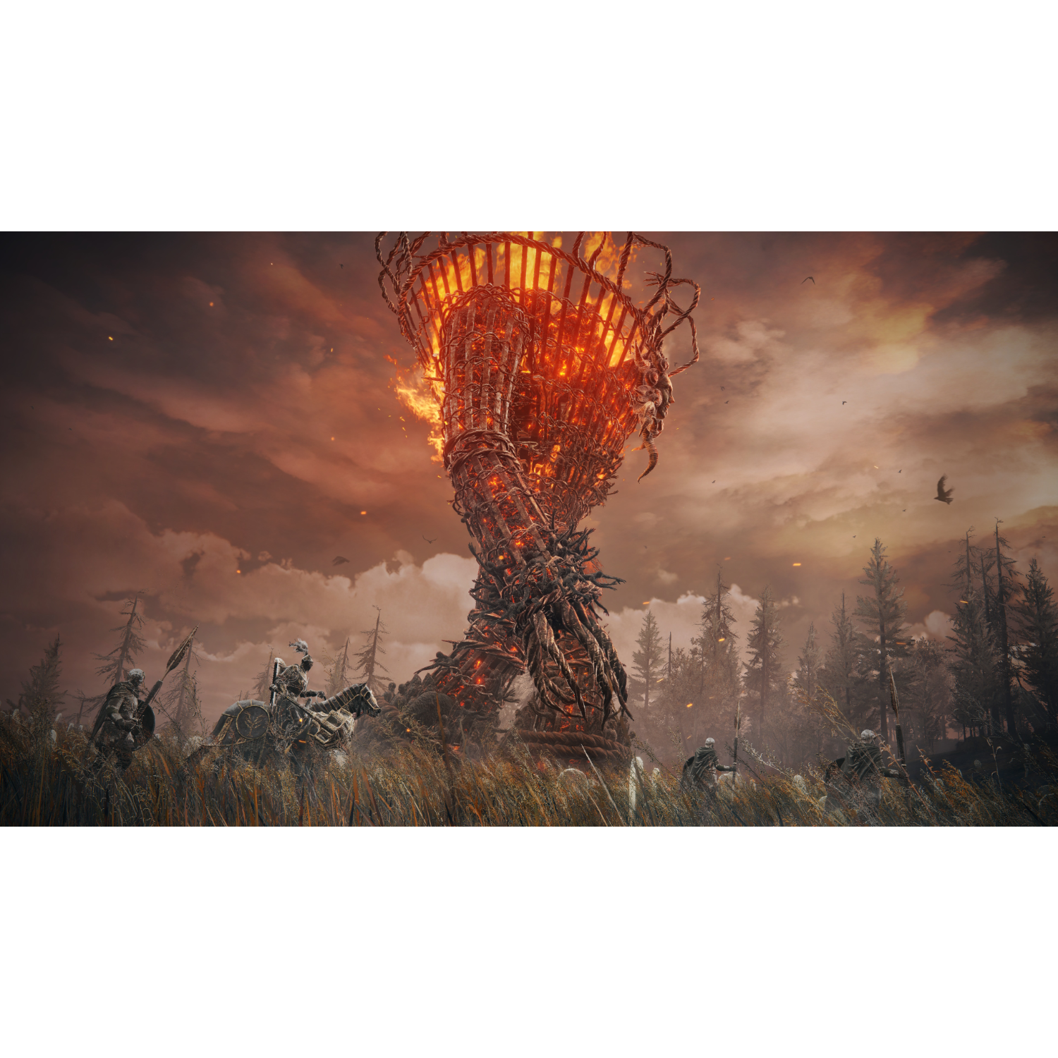 Fantasy scene. Burning structure with figures in the foreground. Dramatic sky, forest in the background.