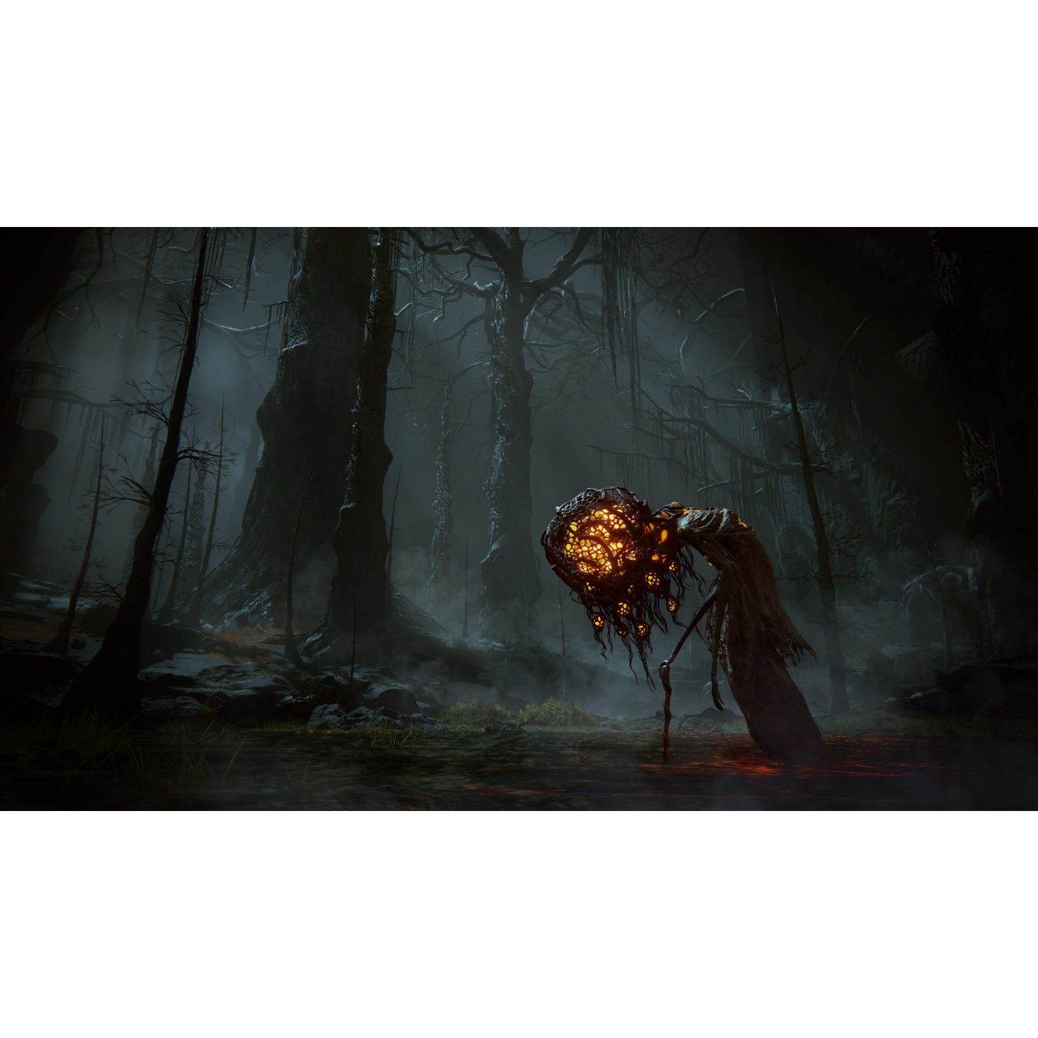 A dark, spooky scene. A creature with a glowing head stands in a forest.
