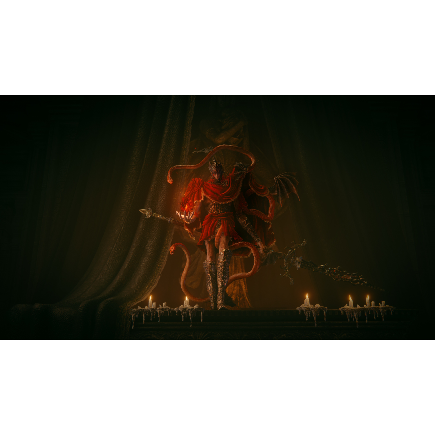 Figure in red armor with a spear stands before a curtain, candles on the stage.