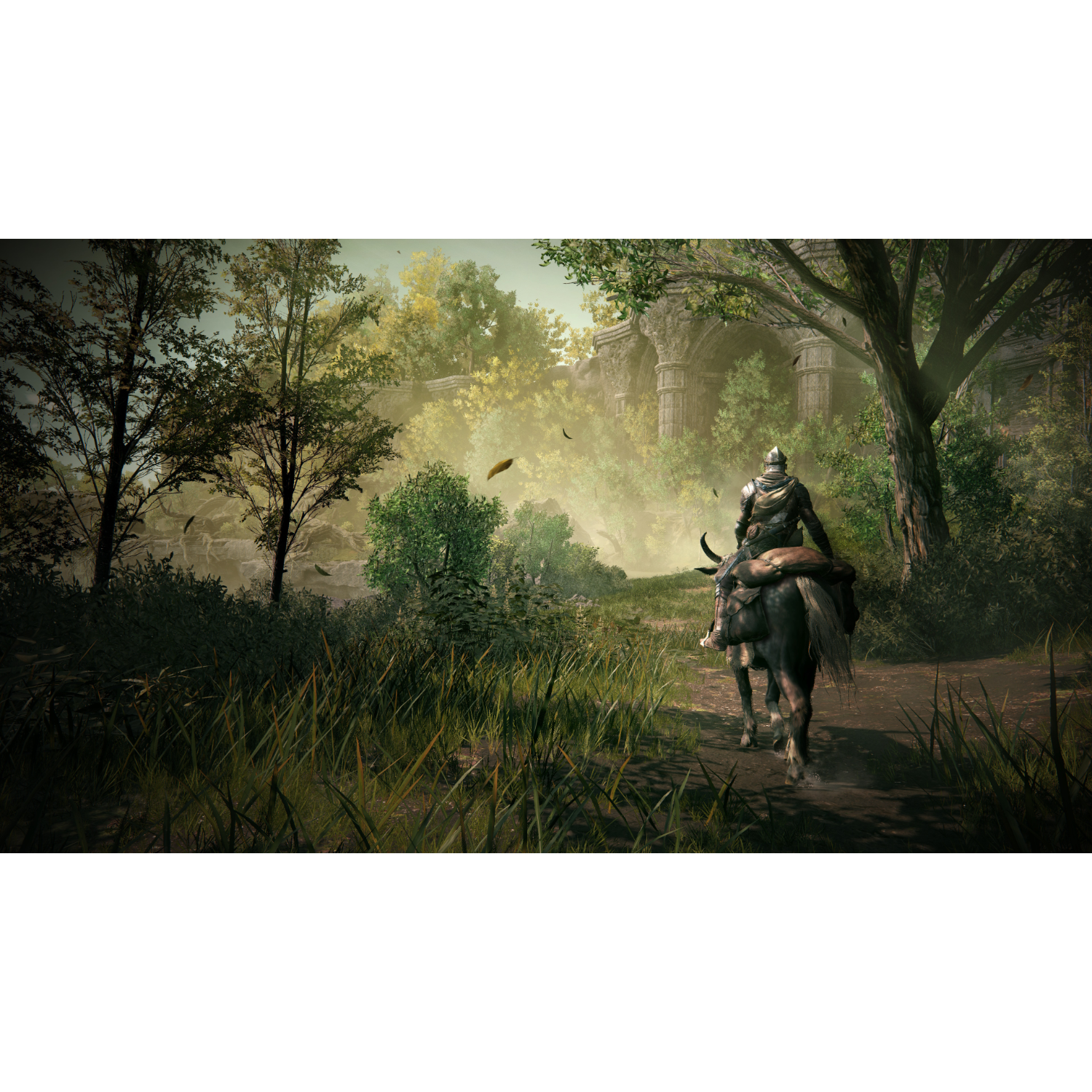 A knight on a horse rides through a forest. The scene is dark and atmospheric.